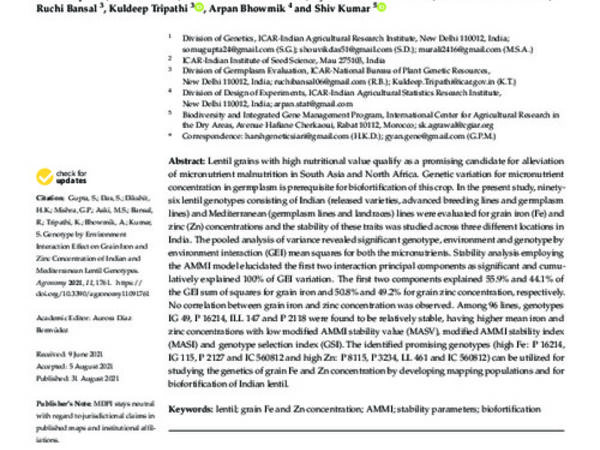 Genotype by Environment Interaction Effect on Grain Iron and Zinc Concentration of Indian and Mediterranean Lentil Genotypes