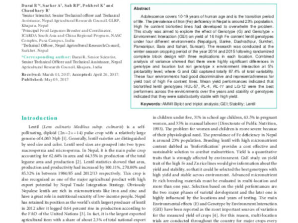 AMMI Biplot Analysis for Genotype X Environment Interaction on Yield Trait of High Fe content Lentil Genotypes in Terai and Mid-Hill Environment of Nepal
