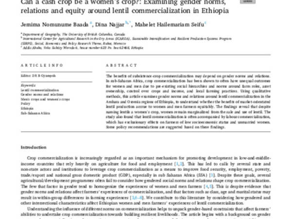 Can a cash crop be a women’s crop?: Examining gender norms,  relations and equity around lentil commercialization in Ethiopia