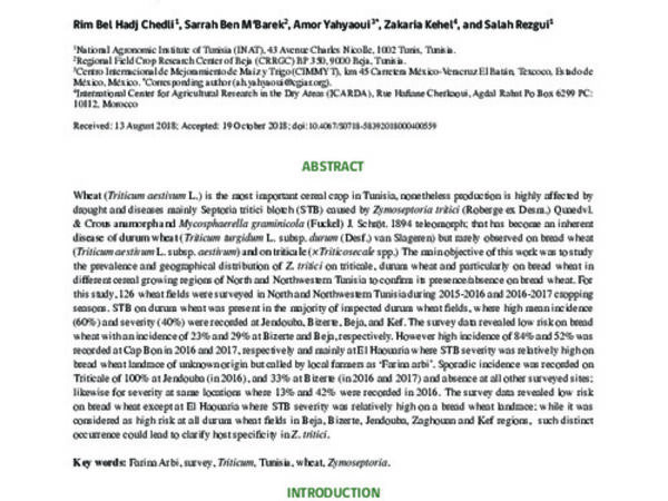 Occurrence of Septoria tritici blotch (Zymoseptoria tritici) disease on durum wheat, triticale, and bread wheat in Northern Tunisia