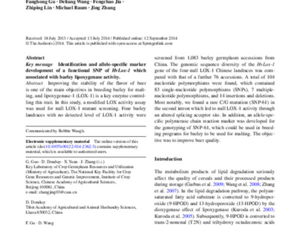 Rare allele of HvLox-1 associated with lipoxygenase activity in barley (Hordeum vulgare L.)