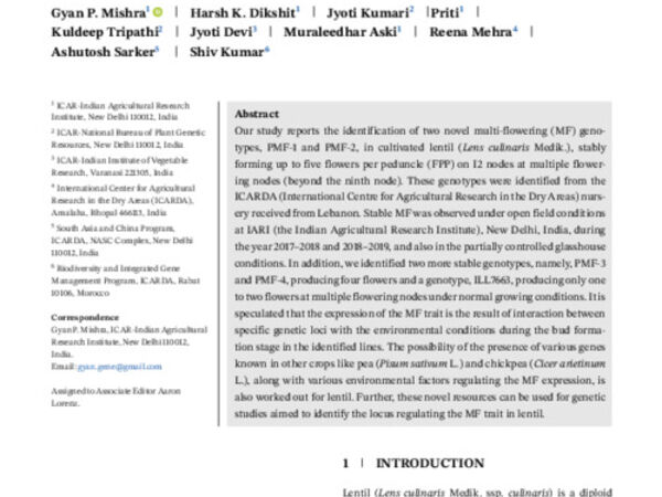Identification and characterization of novel penta-podded genotypes in the cultivated lentil