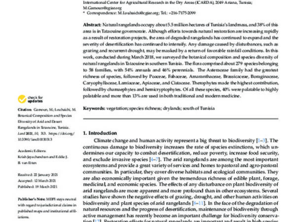 Botanical Composition and Species Diversity of Arid and Desert Rangelands in Tataouine, Tunisia