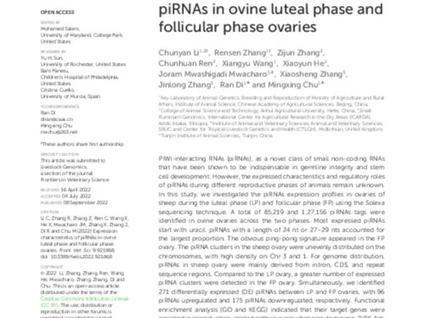 Expression characteristics of piRNAs in ovine luteal phase and follicular phase ovaries
