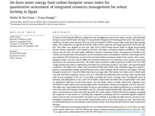 On-farm water energy food carbon-footprint nexus index for quantitative assessment of integrated resources management for wheat farming in Egypt