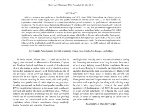 Influence of plant growth retardants on growth, seed yield and quality in onion (Allium cepa) cv. Pusa Riddhi