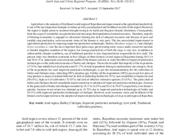 Technology gap, constraint analysis and improved production technologies for yield enhancement of barley (Hordeum vulgare) and chickpea (Cicer arietinum) under arid conditions of Rajasthan