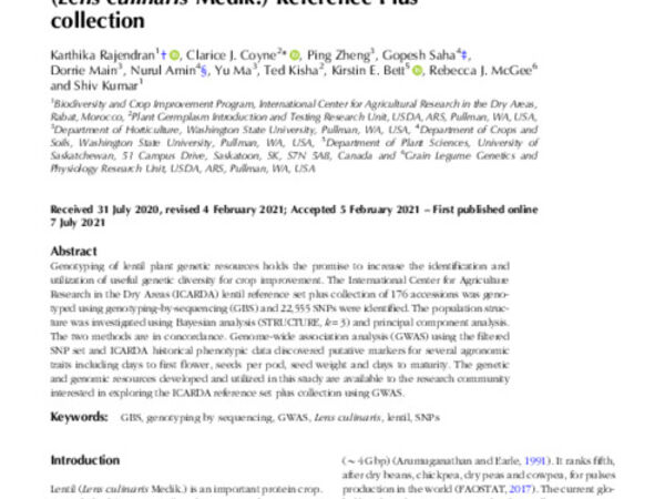 Genetic diversity and GWAS of agronomic traits using an ICARDA lentil (Lens culinaris Medik.) Reference Plus collection