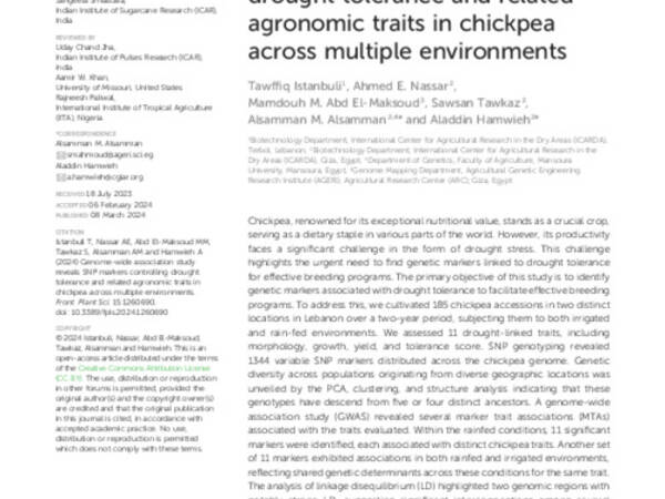 Genome-wide association study reveals SNP markers controlling drought tolerance and related agronomic traits in chickpea across multiple environments
