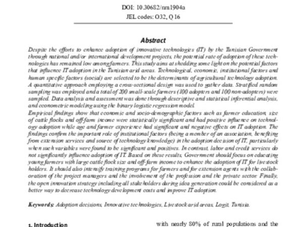 Factors affecting innovative technologies adoption by livestock holders in arid area of Tunisia