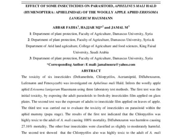 Effect of some insecticides on parasitoid, aphelinus mali hald (hymenoptera: aphelinidae) of the woolly apple aphid eriosoma Lanigerum Hausmann