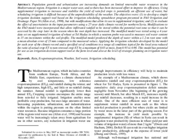 Modification of the FAO‐56 spreadsheet program for scheduling supplemental irrigation of winter crops in a Mediterranean climate