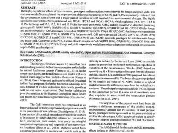 AMMI model to analyse GxE for dual purpose barley in multi-environment trials