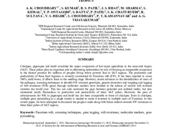 NARROWING YIELD GAPS THROUGH GENETIC IMPROVEMENT FOR FUSARIUM WILT RESISTANCE IN THREE PULSE CROPS OF THE SEMI-ARID TROPICS