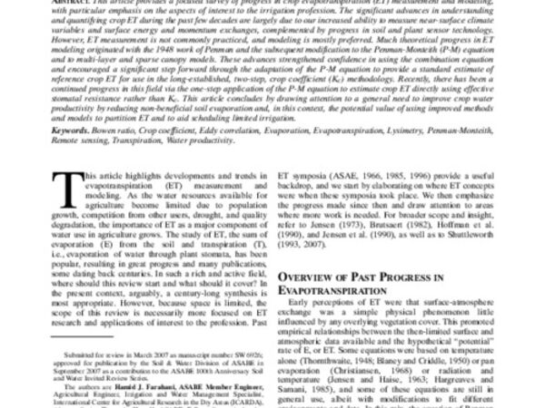 Evapotranspiration: progress in measurement and modeling in agriculture