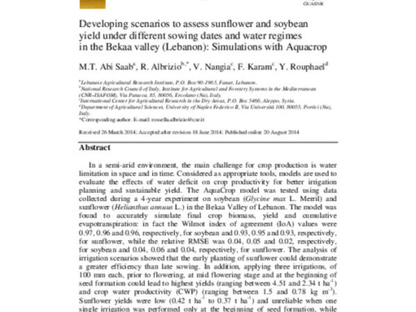 Developing scenarios to assess sunflower and soybean yield under different sowing dates and water regimes in the Bekaa valley (Lebanon): Simulations with Aquacrop