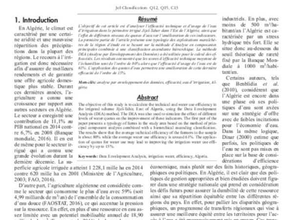Effet des quotas d’eau d’irrigation sur l’efficacité d’usage de l’eau dans les exploitations maraîchères du Nord-est Algérien: Vers une serriculture plus valorisante de la ressource en eau