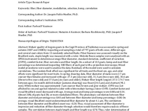 Evaluation of mohair quality in Angora goats from the Northern dry lands of Tajikistan
