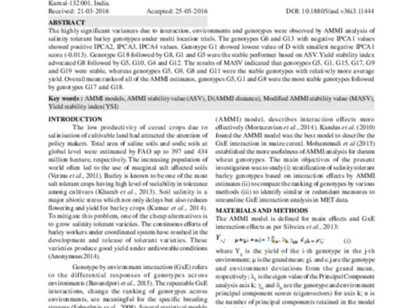 GxE evaluation of salinity tolerant barley genotypes by AMMI model