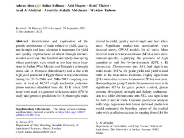 Multi-model genome-wide association and genomic prediction analysis of 16 agronomic, physiological and quality related traits in ICARDA spring wheat