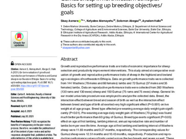 On-farm evaluation of growth and reproductive performances of Washera and Gumuz sheep in northwestern Ethiopia: Basics for setting up breeding objectives/ goals