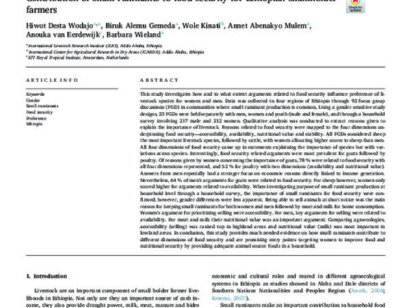 Contribution of small ruminants to food security for Ethiopian smallholder farmers