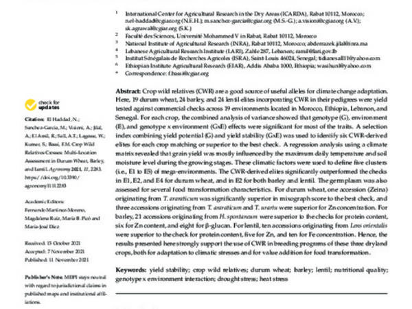 Crop Wild Relatives Crosses: Multi-Location Assessment in Durum Wheat, Barley, and Lentil