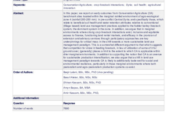 Towards Conservation Agriculture in Central Syria: Developmental insights from innovation driven research