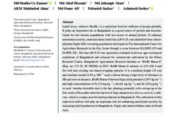 ‘BARI Masur-8’: A high-yielding and biofortified lentil cultivar in Bangladesh