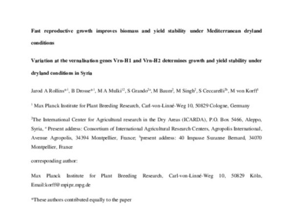 Variation at the vernalisation genes Vrn‑H1 and Vrn‑H2 determines growth and yield stability in barley (Hordeum vulgare) grown under dryland conditions in Syria