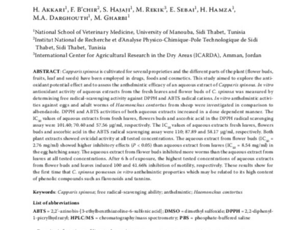 Potential anthelmintic effect of Capparis spinosa (Capparidaceae) as related to its polyphenolic content and antioxidant activity