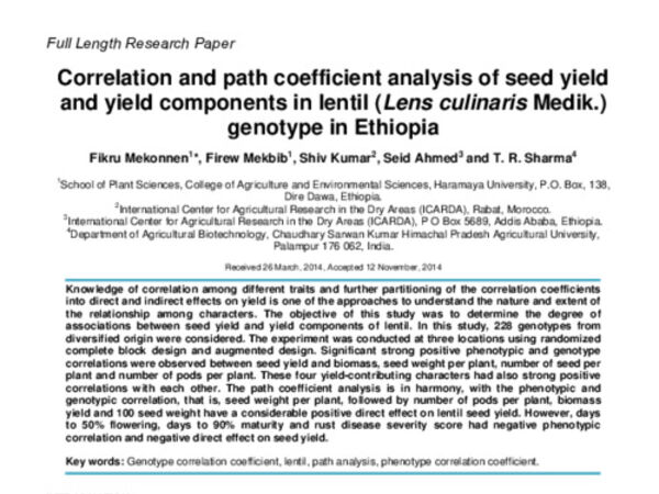 Correlation and path coefficient analysis of seed yield and yield components in Lentil (Lens culinaris Medik) genotypes in Ethiopia