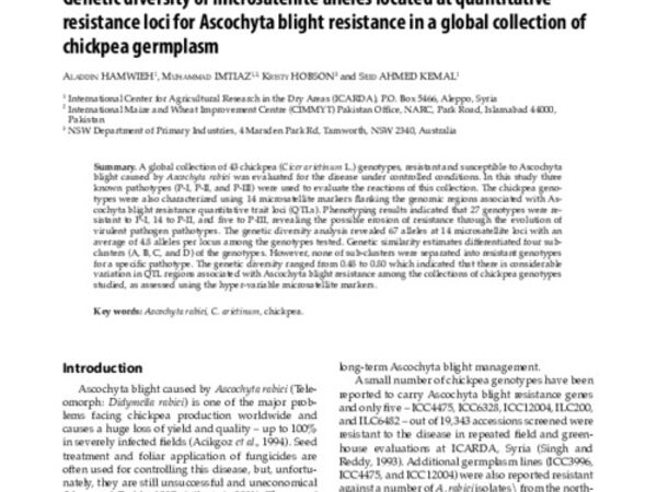 Genetic diversity of microsatellite alleles located at quantitative resistance loci for Ascochyta blight resistance in a global collection of chickpea germplasm
