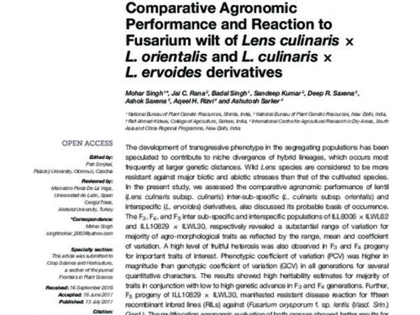 Comparative Agronomy Performance and Reaction to Fusarium Wilt of Lens culinaris X L. orientalis and L. culinaris X L. ervoides derivatives.