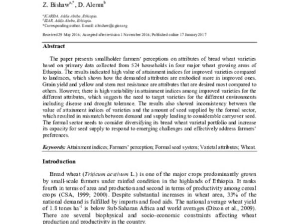 Farmers' perceptions on improved bread wheat varieties and formal seed supply in Ethiopia