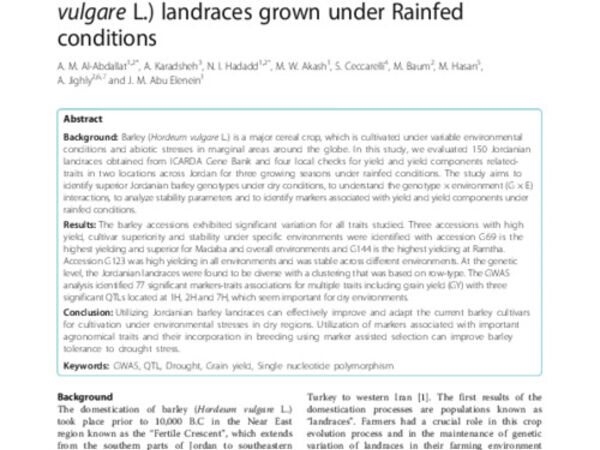 Assessment of genetic diversity and yield performance in Jordanian barley (Hordeum vulgare L.) landraces grown under Rainfed conditions