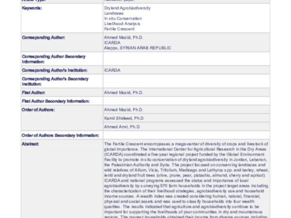 Assessment of on-farm conservation of dryland agrobiodiversity and its impact on rural livelihoods in the Fertile Crescent