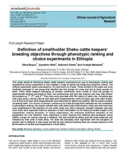 Definition of smallholder Sheko cattle keepers’ breeding objectives